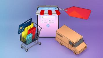 Colourful paper shopping bags and credit card in a cart with Truck van appeared from smartphones screen.,Online mobile application order Shopping online and Delivery concept.,3D rendering.