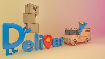 fuente de entrega de dibujos animados de personajes con camioneta y muchas cajas de paquetes., servicio de transporte de pedidos de aplicaciones móviles en línea, representación 3d.