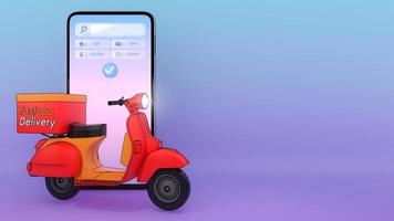 Scooter of ejected from a mobile phone.,Concept of fast delivery service and Shopping online.,3d illustration with object clipping path. photo