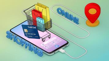 Many Paper bag and price tag and credit card in a shopping cart with mobile digital city map with red pin pointers., shopping online and delivery concept.,3D rendering. photo