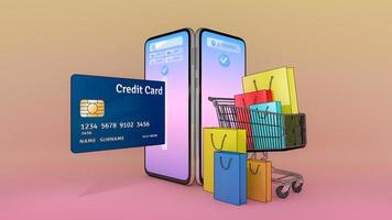 Many Shopping bag and price tag and credit card in a shopping cart appeared from smartphones screen., shopping online or shopaholic concept.,3d illustration with object clipping path. photo