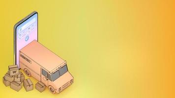 furgoneta de camión expulsada de un teléfono móvil con muchas cajas de paquetes.,servicio de transporte de pedidos de aplicaciones móviles en línea y compras en línea y concepto de entrega.,representación 3d. foto