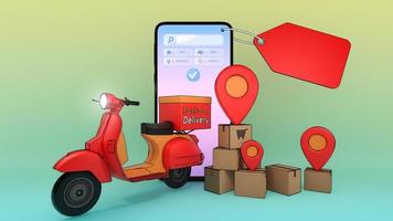 Mobile phone and Scooter with many paper box and red pin pointers.,Concept of fast delivery service and Shopping online.,3d illustration with object clipping path. photo