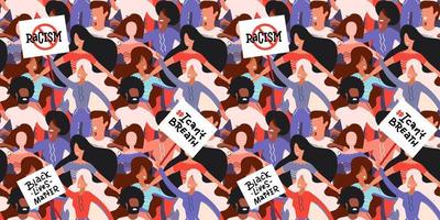 Seamless pattern. George Floyd protests across America. People with streamer and signs protesting for Black Lives Matter movement . Concept of protest. Flat vector illustration.