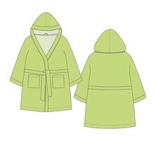 Bathrobe technical sketch. Hooded bathrobe with pocket and belt. Light green color. vector