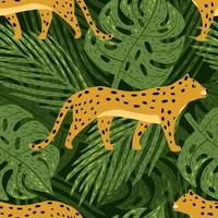 lindos leopardos y hojas tropicales de patrones sin fisuras. Fondo de pantalla de jaguar en la selva tropical. guepardo y hojas de palma fondo interminable. vector