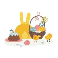 Cute Easter concept. Bunny with Easter elements - busket, eggs, chiks, flowers. Beautiful gift card. Colored flat vector illustration isolated on white background.