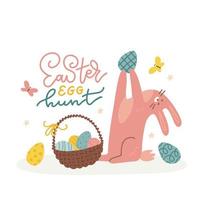 Happy bunny finds egg for Easter Day Celebration. Poster or banner Design with basket of Eggs and cute Bunny with lettering text - Easter egg hunt. Flat hand drawn vector illustration.