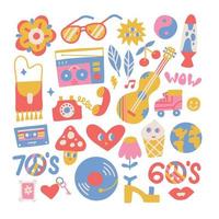 Big set of Hippie retro vintage icons in 60s-70s style. Flat hand drwan vector illustration. Collection of 1970s elements.