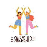 Two women run towards each other to hug. Diversity women friendship and allyship. Female social network community. Casual abstract characters. Flat hand drawn vector illustration.