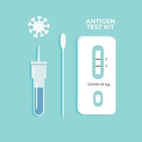 conjunto de atk para la prevención de la infección por la epidemia de covid-19, omicron. kit de prueba de antígeno con gotero de tampón y bastoncillo de hisopo. ilustración vectorial plana. vector