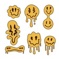 Set of distorted emoji faces isolated on white background. Retro trippy characters, dripping emoticons. Vector hand drawn illustration.