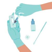 Two hands in latex gloves holding Covid-19 Rapid Antigen test and Testing Tube. A nurse with Coronavirus Express test and ATK. Vector flat Illustration.