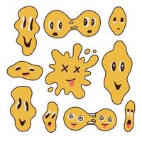 Bif set of funny retro melting crazy and dripping faces. Distorted graffiti psychedelic emoji. Hippie groovy smile characters collection. Positive facial trippy expressions. Hand drawn vector