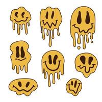 Set of Melting or dripping smiles drawn in 70s style. Collection of psychedelic emoticons isolated on white background. Vector illustration.