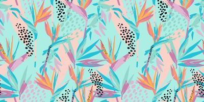 Abstract art seamless pattern with tropical leaves and flowers. Modern exotic design vector