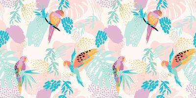Abstract art seamless pattern with parrots and tropical leaves. Modern exotic design vector