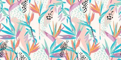 Abstract art seamless pattern with tropical leaves and flowers. Modern exotic design vector