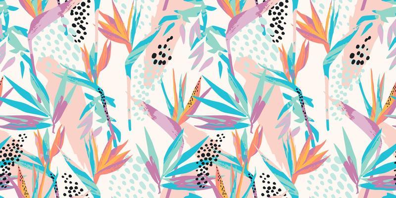 Abstract art seamless pattern with tropical leaves and flowers. Modern exotic design