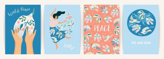 paz en la tierra. mujer y paloma de la paz. conjunto de vectores ilustración para tarjeta, afiche, volante y otros