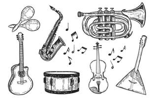 ilustración dibujada a mano de instrumentos musicales. vector