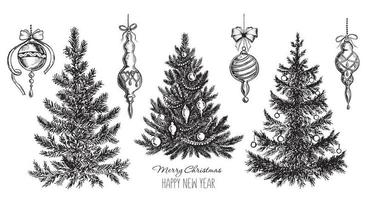 árbol de navidad, juguetes, estilo dibujado a mano, ilustración vectorial