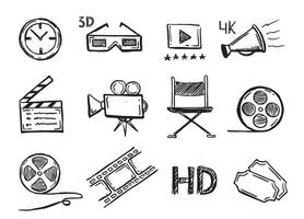 Conjunto de símbolos decorativos de cine, estilo doodle, vector dibujado a mano.