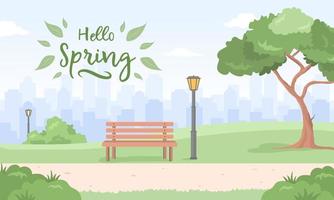 Spring urban landscape. City park. Vector illustration in flat cartoon style