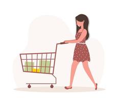 Woman shopping. Happy girl with cart and bags. Vector cartoon illustration isolated on white background. Promotion and sale template.