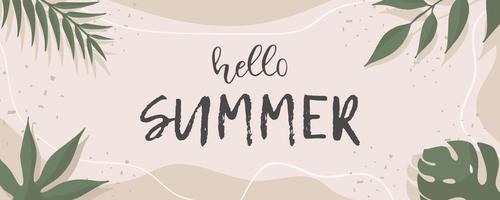 Hello Summer banner. Calligraphy quote. Vintage background with tropical leaves. Vector illustration in flat style