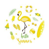 Summer yellow vector elements set. Background with flamingo, ice cream, watermelon,starfish and lettering in flat style. Vector illustration.