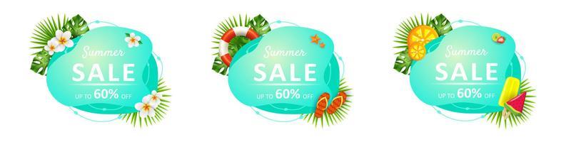 Summer sale liquid colorful banner collection. Labels with tropical leaves, flower plumeria, flamingo, liquid geometric shape. Template for poster, web, invitation, flyer. Vector illustration.
