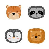 Set of cute hand drawn slleping animals - tiger, sloth, penguin and lion. Cartoon zoo. Vector illustration. Animals for the design of children's products in scandinavian style.