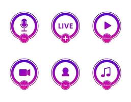 Set of live streaming icons. Gradient symbols and buttons of live streaming, broadcasting, online webinar. Label for tv, shows, movies and live performances. Vector flat illustration. EPS10.