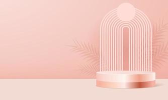Product podium in pink pastel background with shadow leaves. Abstract minimal scene to presentation or show cosmetic. Vector realistic platform. 3d render