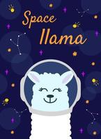 Cute cartoon llama in space with moon and stars. Vector illustration alpaca in space. Galaxy background. Concept of web banner.