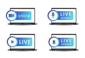 Set of live streaming icons. Gradient symbols and buttons of live streaming, broadcasting, online webinar. Label for tv, shows, movies and live performances. Vector flat illustration. EPS10.