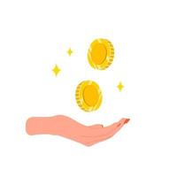 Save money concept. Female hand holding golden coins. Investments in future. Financial symbol. Banking or business services. Vector illustration in flat cartoon style