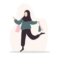 mujer de compras. niña árabe feliz cargando bolsas. ilustración de dibujos animados de vector aislado sobre fondo blanco. plantilla de promoción y venta.