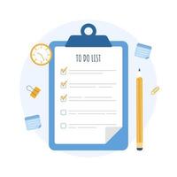 To do list in clipboard on the table. Business planning, organization and achievements of goals. Checklist with done mark. Vector illustration in flat cartoon style