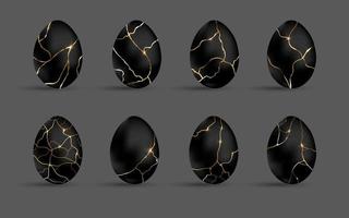Easter kintsugi black eggs set. Luxury eggs with different crackle gold ornament. Spring holiday. Realistic vector illustration. For greeting card, promotion, poster, flyer, banner, social media