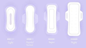 Women hygiene pads. Set of vector icons isolated on violet background with shadow. Different sizes of feminine sanitary napkin products. Personal hygiene elements in flat style.