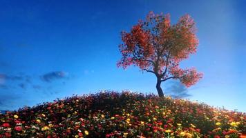 campos de flores y grandes árboles que reciben la luz del sol durante el día. cielo brillante y nubes renderizado 3d foto