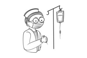 Line art illustration of a masked nurse holding medical equipment, feeding on line vector