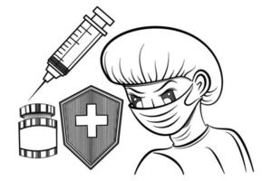 Character line drawing medical personnel wear masks and examination equipment vector