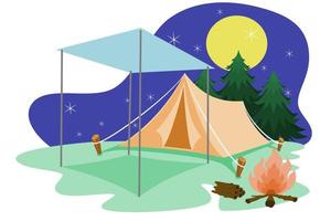 ilustración paisajística de una carpa en el bosque en medio de la luna y las constelaciones vector