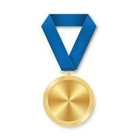 Golden award sport medal for winners with blue ribbon vector