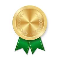 Golden award sport medal for winners with green ribbon vector