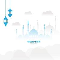 saludo islámico del festival eid con lámpara y nube de mezquita vector