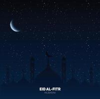 ilustración de plantilla de eid mubarak brillante con fondo de noche de mezquita vector